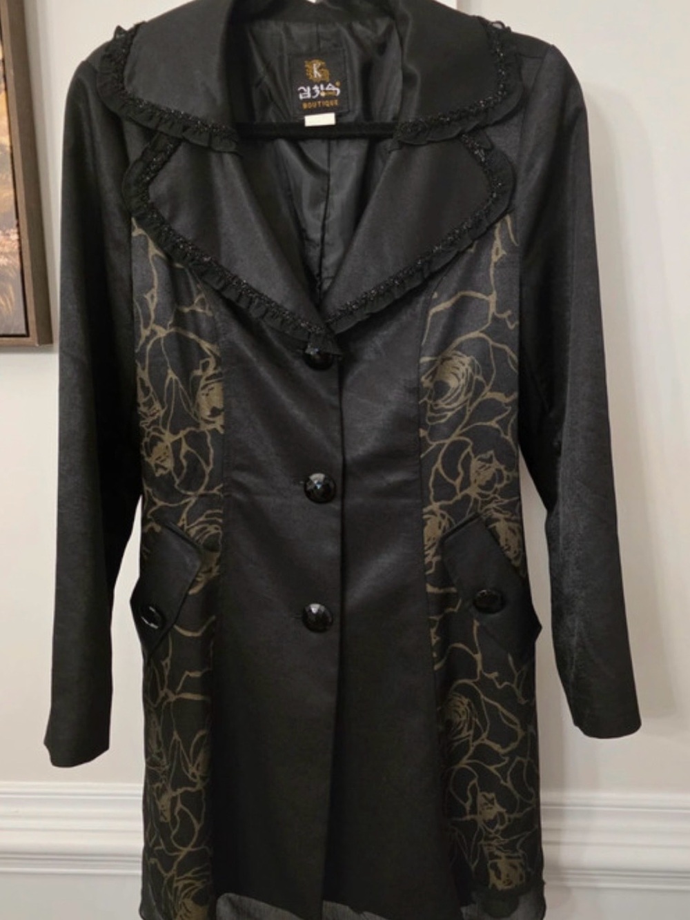 Vintage Gothic long brocade trench coat-Black roses-ruffle trim-Vampire